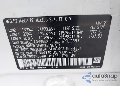 2021 Honda Hr-V Awd Ex z USA, uszkodzony, nr VIN 3CZRU6H56MM749123
